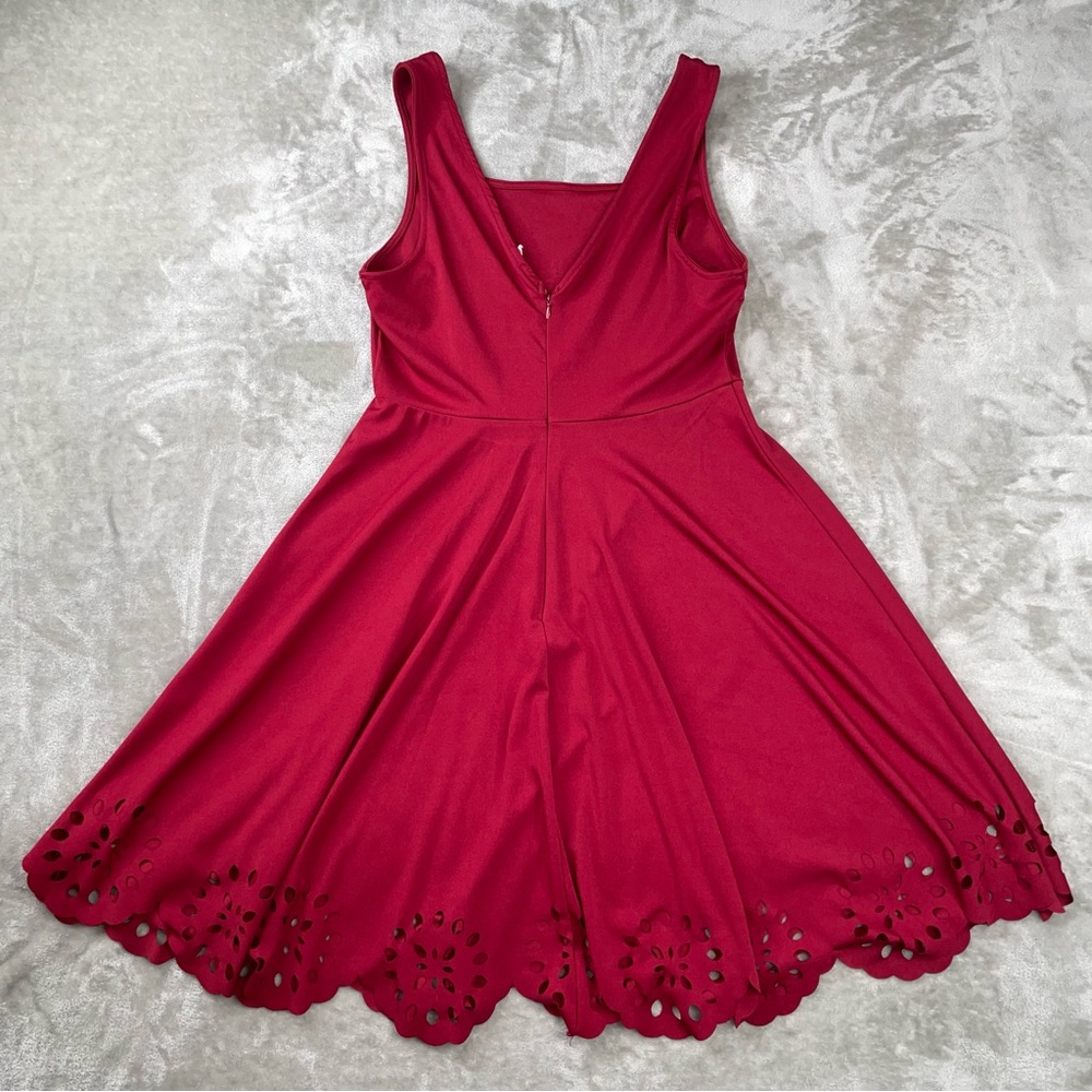Red Skater Mini Dress Medium Laser Cut Scalloped Hem Fit Flare Holiday Party - Picture 3 of 8